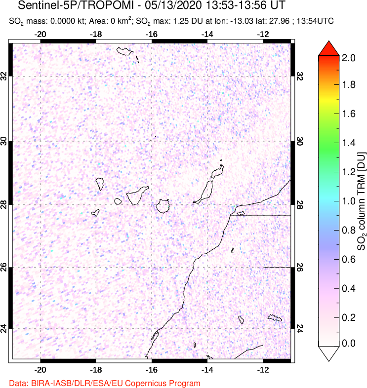A sulfur dioxide image over Canary Islands on May 13, 2020.