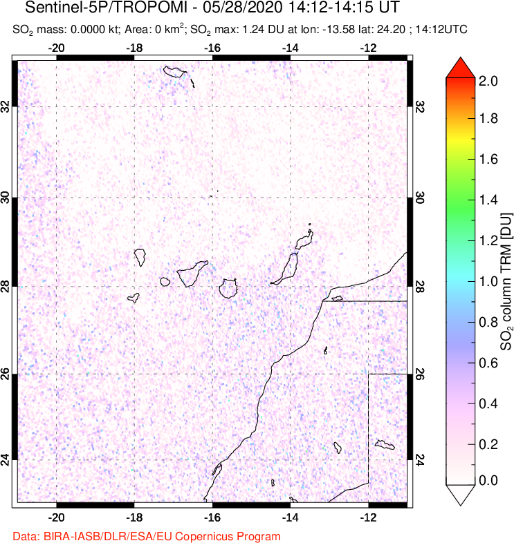 A sulfur dioxide image over Canary Islands on May 28, 2020.