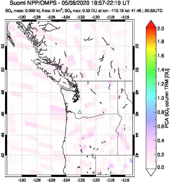 A sulfur dioxide image over Cascade Range, USA on May 08, 2020.