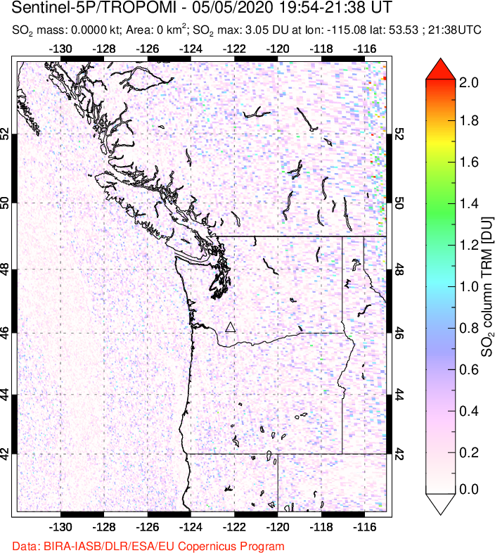 A sulfur dioxide image over Cascade Range, USA on May 05, 2020.