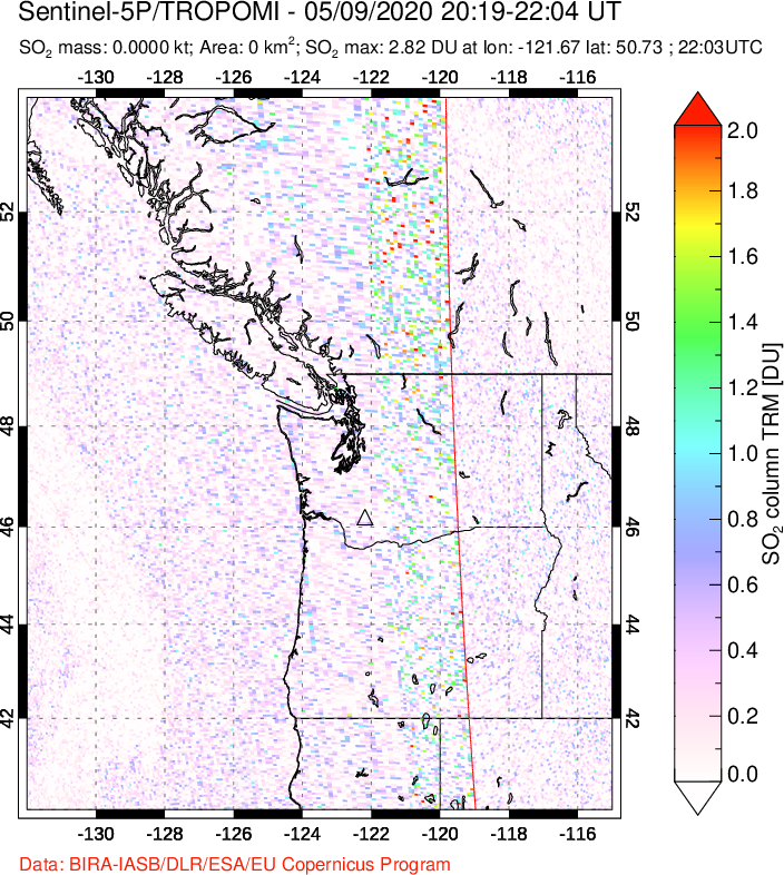 A sulfur dioxide image over Cascade Range, USA on May 09, 2020.