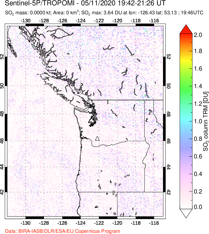 A sulfur dioxide image over Cascade Range, USA on May 11, 2020.