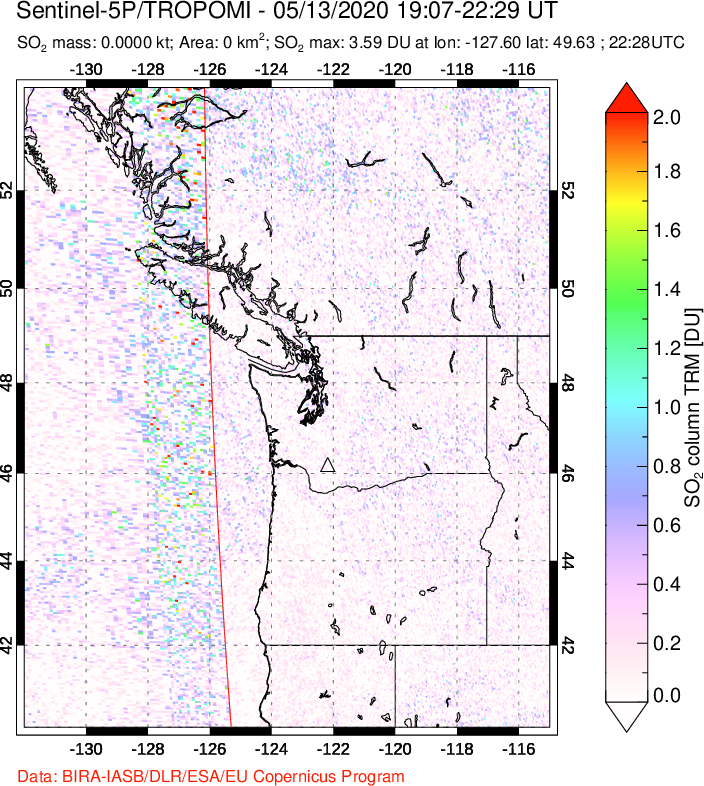 A sulfur dioxide image over Cascade Range, USA on May 13, 2020.