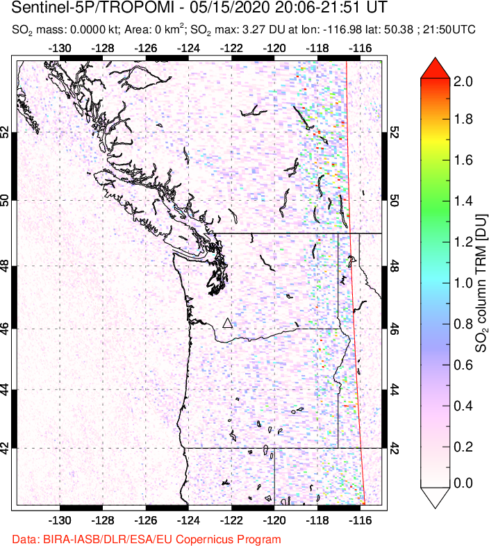 A sulfur dioxide image over Cascade Range, USA on May 15, 2020.