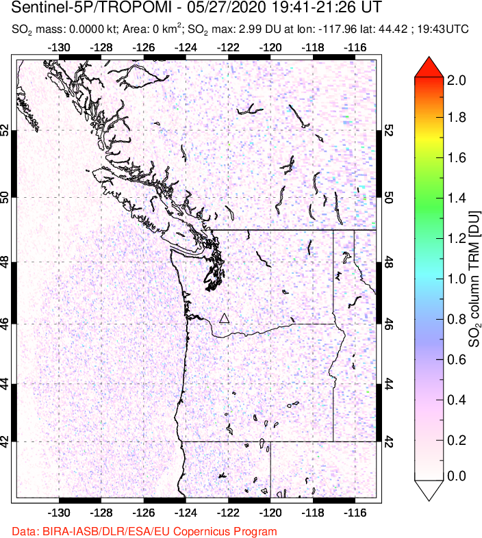 A sulfur dioxide image over Cascade Range, USA on May 27, 2020.