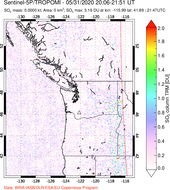 A sulfur dioxide image over Cascade Range, USA on May 31, 2020.