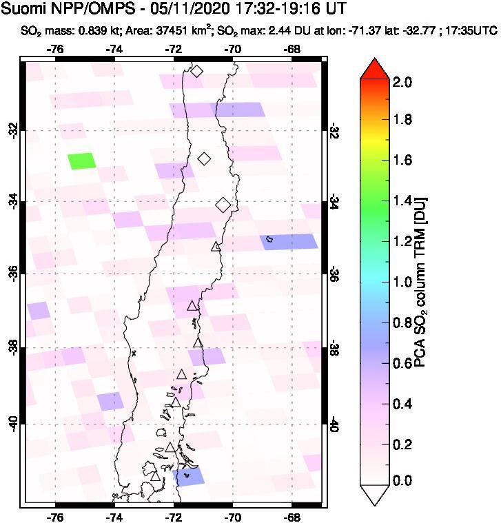 A sulfur dioxide image over Central Chile on May 11, 2020.