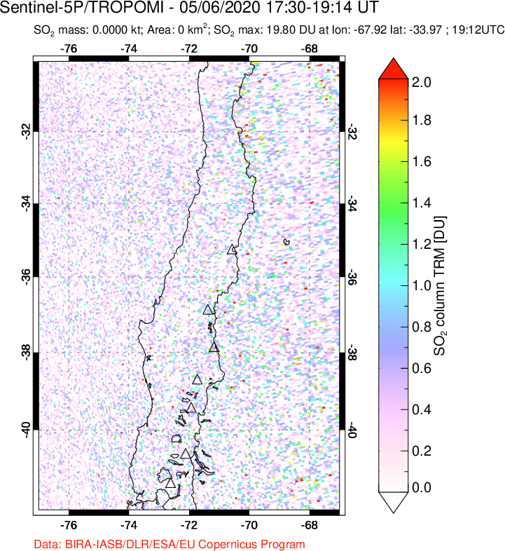 A sulfur dioxide image over Central Chile on May 06, 2020.
