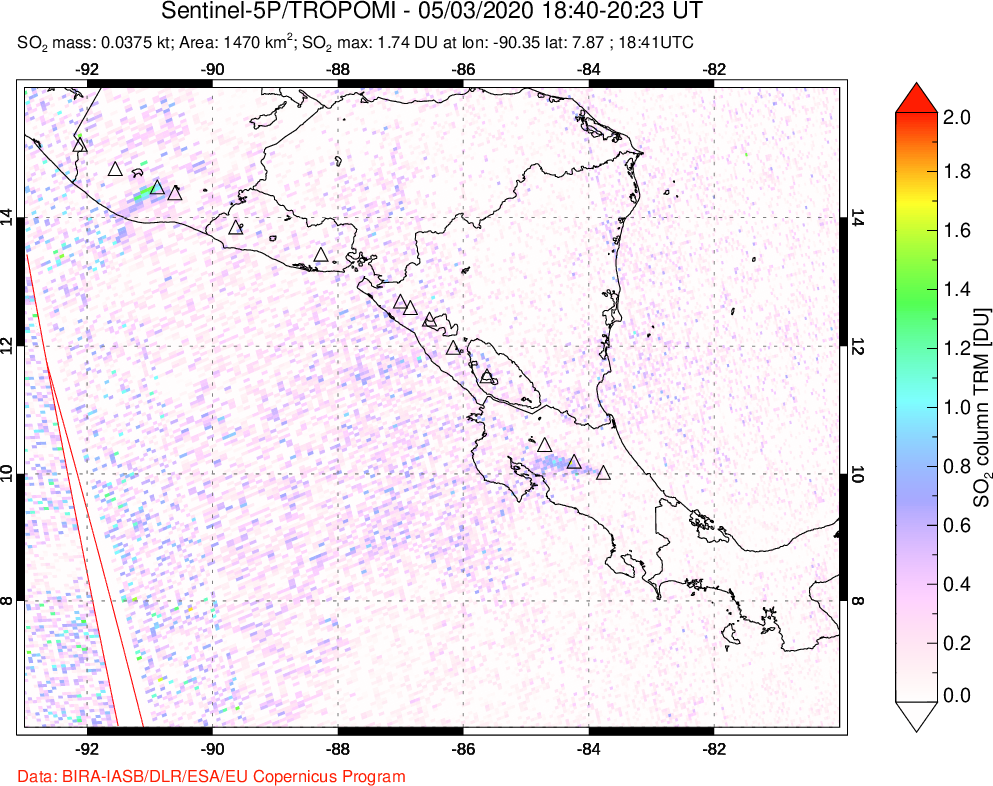 A sulfur dioxide image over Central America on May 03, 2020.