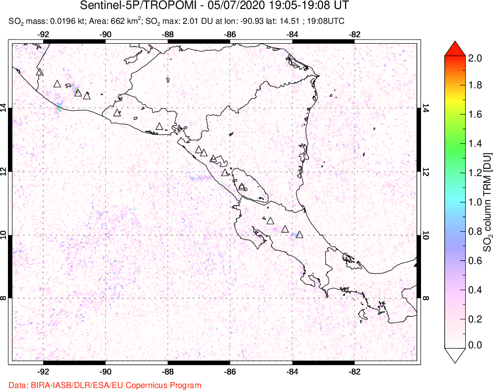 A sulfur dioxide image over Central America on May 07, 2020.