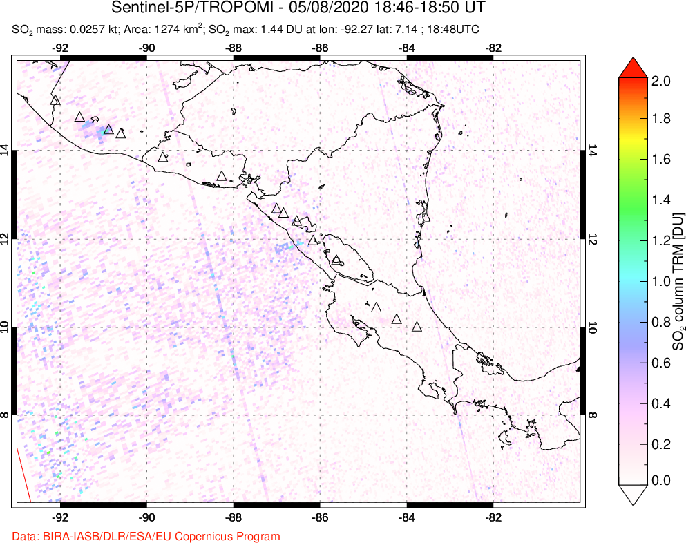 A sulfur dioxide image over Central America on May 08, 2020.
