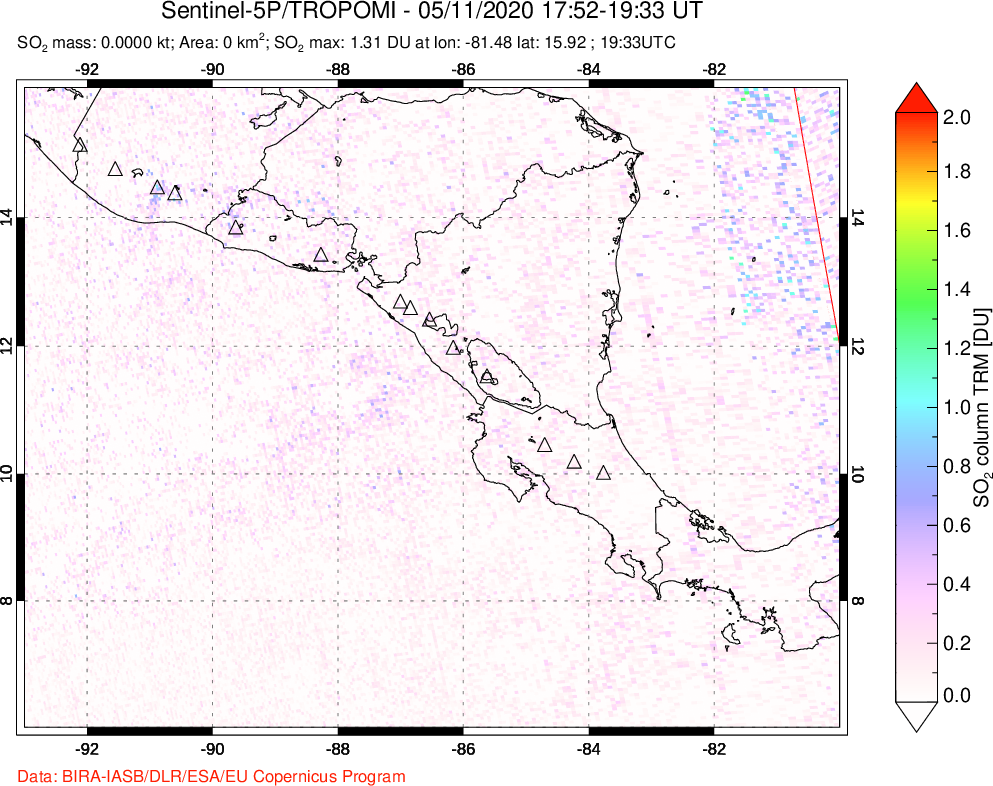A sulfur dioxide image over Central America on May 11, 2020.