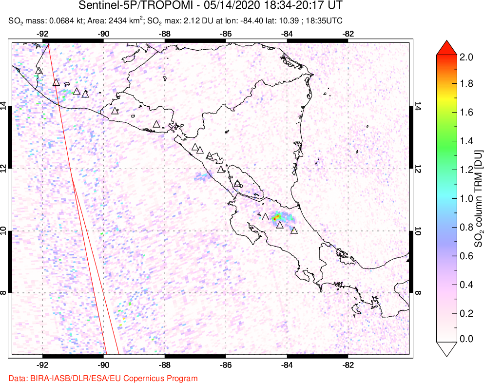A sulfur dioxide image over Central America on May 14, 2020.