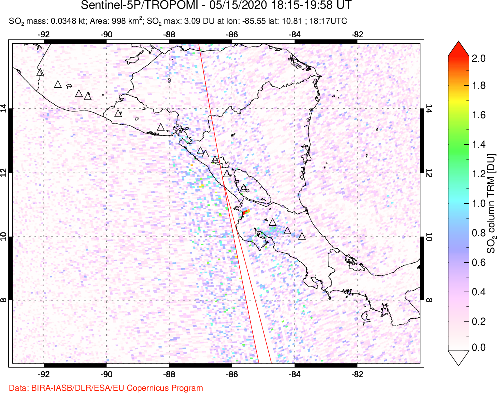 A sulfur dioxide image over Central America on May 15, 2020.