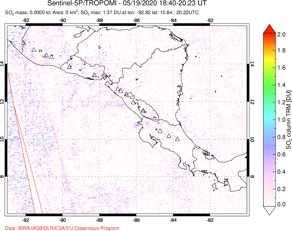 A sulfur dioxide image over Central America on May 19, 2020.