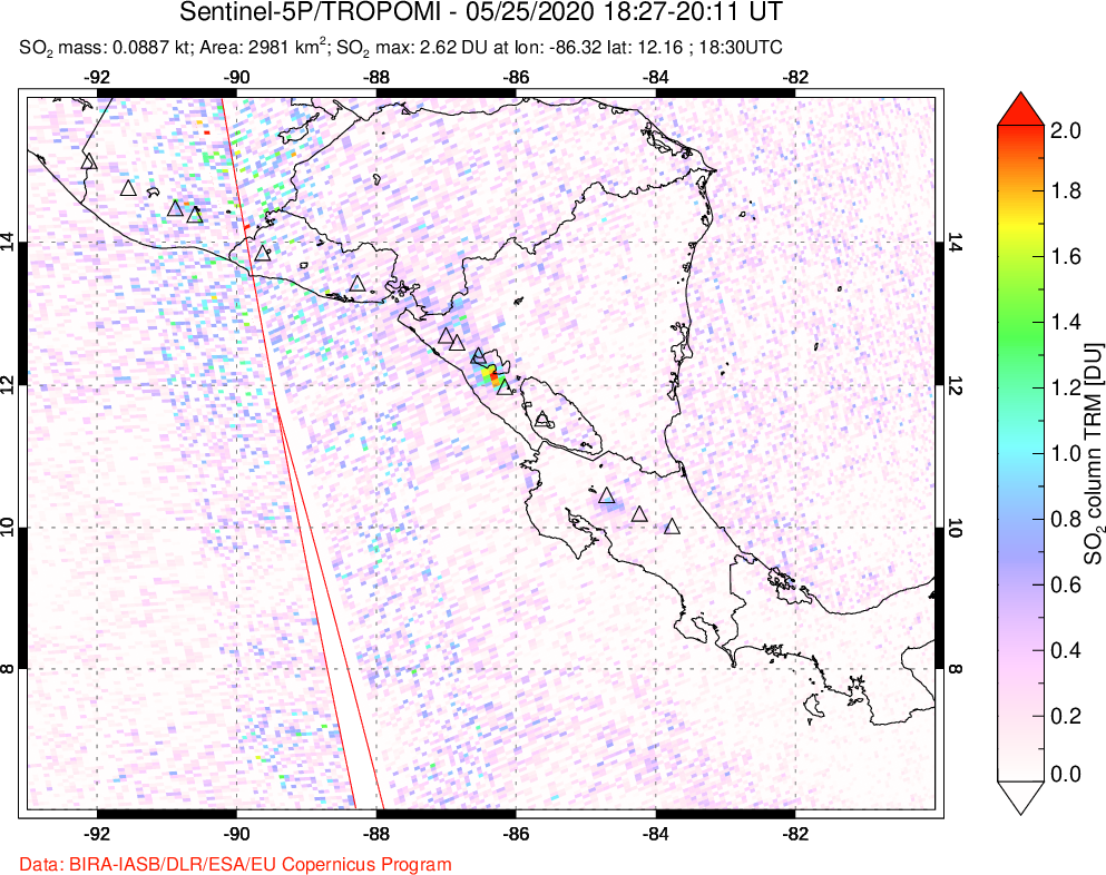 A sulfur dioxide image over Central America on May 25, 2020.