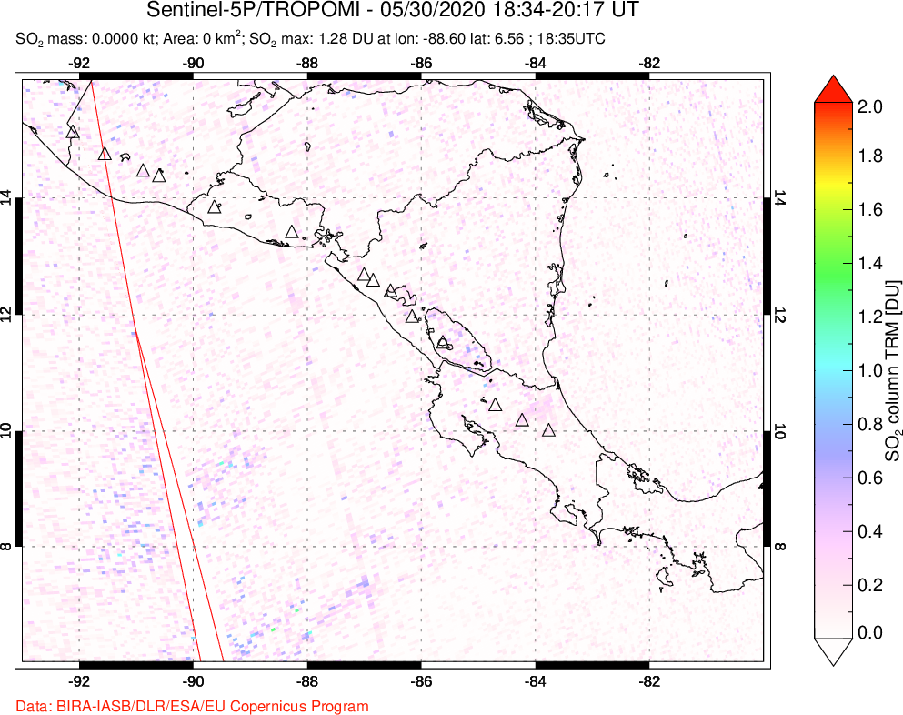 A sulfur dioxide image over Central America on May 30, 2020.