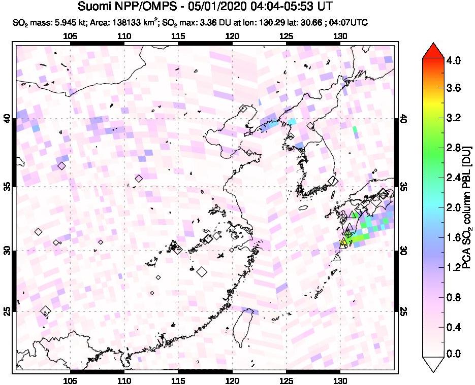 A sulfur dioxide image over Eastern China on May 01, 2020.