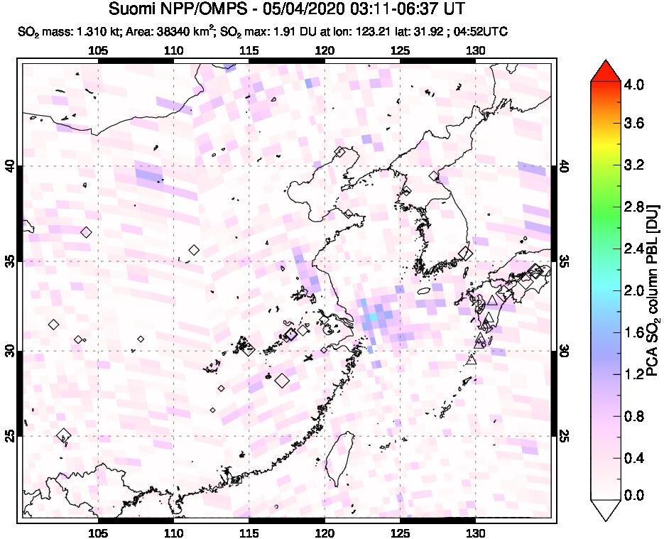 A sulfur dioxide image over Eastern China on May 04, 2020.