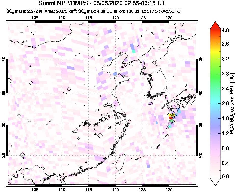 A sulfur dioxide image over Eastern China on May 05, 2020.