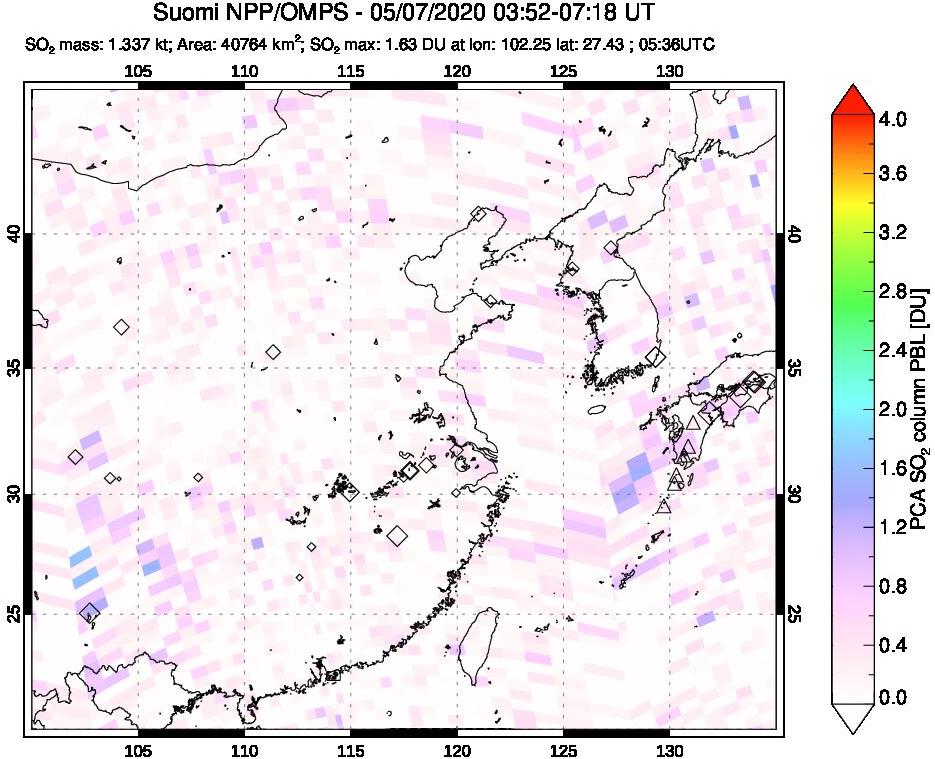 A sulfur dioxide image over Eastern China on May 07, 2020.