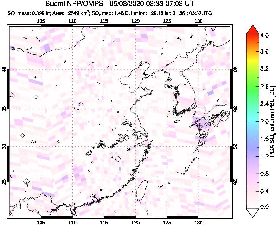 A sulfur dioxide image over Eastern China on May 08, 2020.