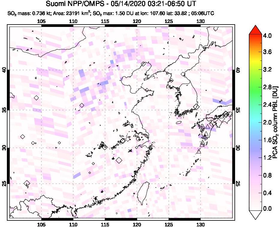 A sulfur dioxide image over Eastern China on May 14, 2020.