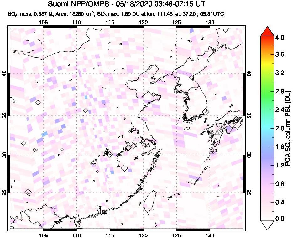 A sulfur dioxide image over Eastern China on May 18, 2020.