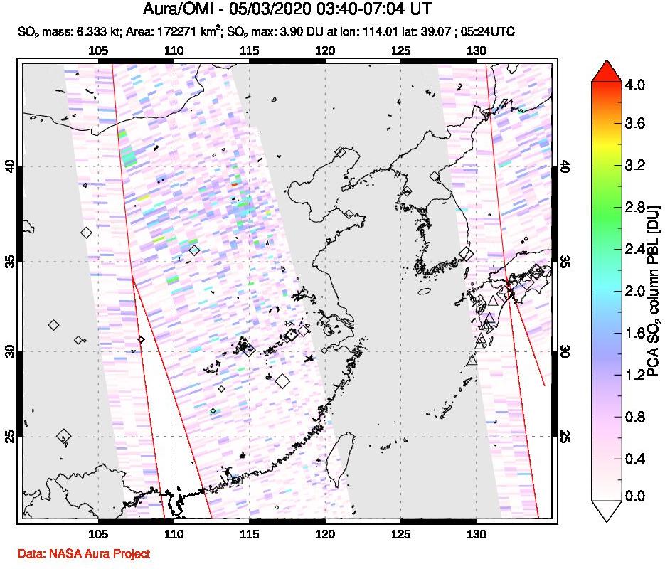 A sulfur dioxide image over Eastern China on May 03, 2020.