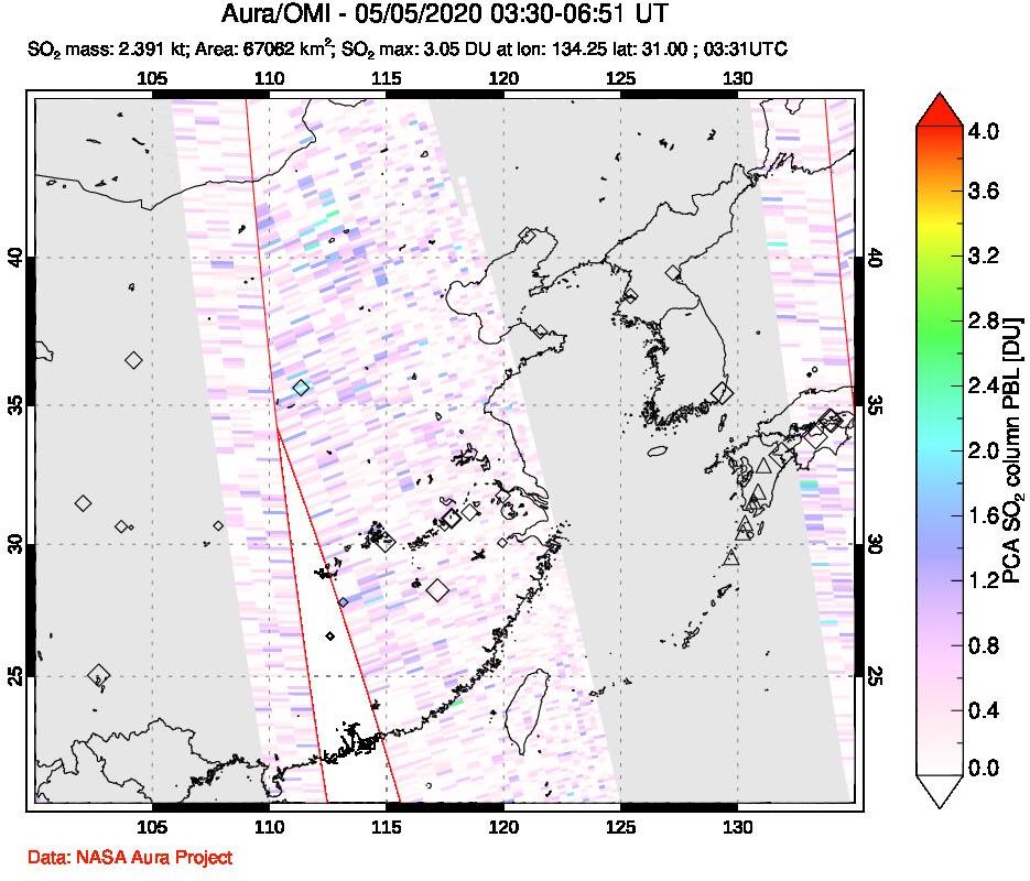 A sulfur dioxide image over Eastern China on May 05, 2020.