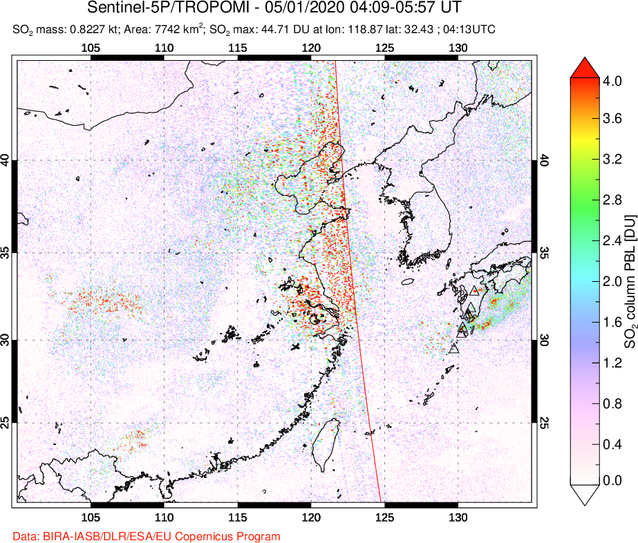 A sulfur dioxide image over Eastern China on May 01, 2020.