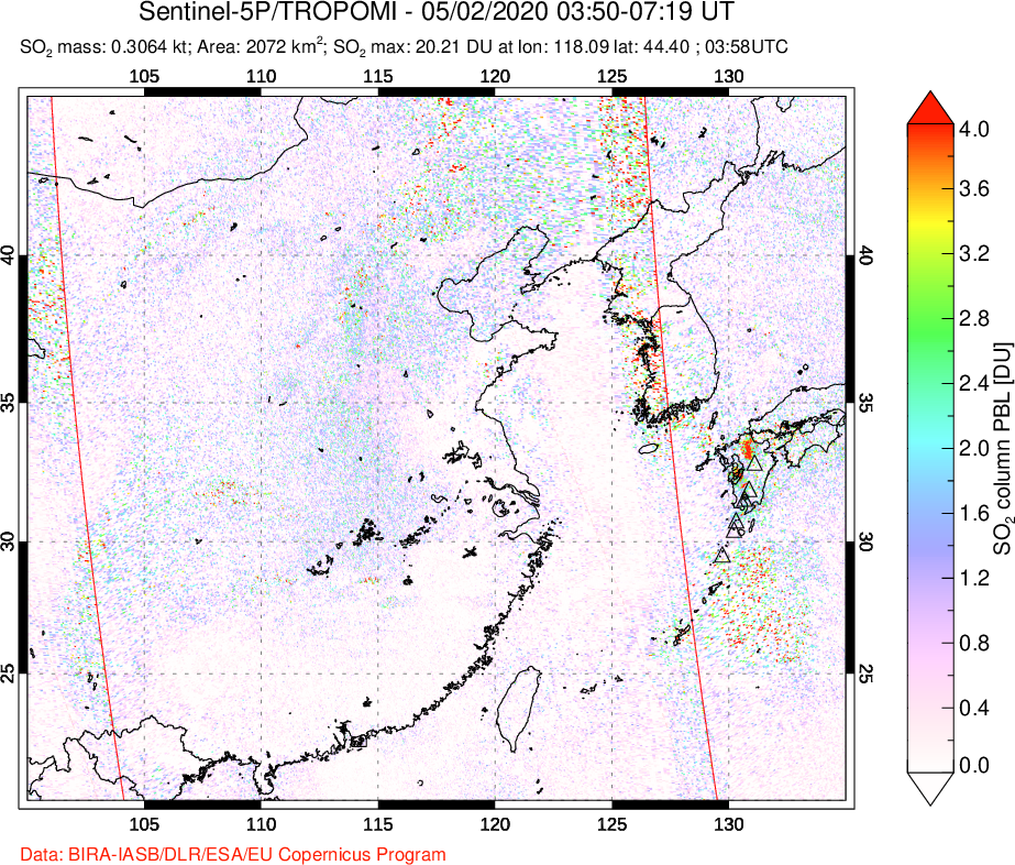 A sulfur dioxide image over Eastern China on May 02, 2020.