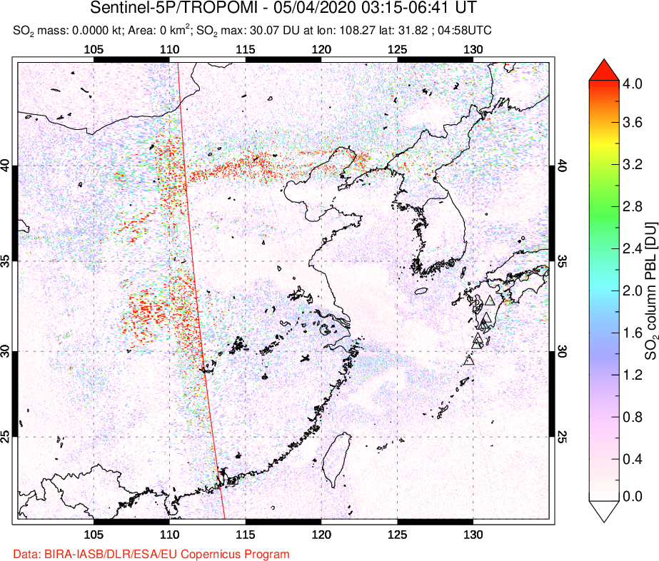 A sulfur dioxide image over Eastern China on May 04, 2020.