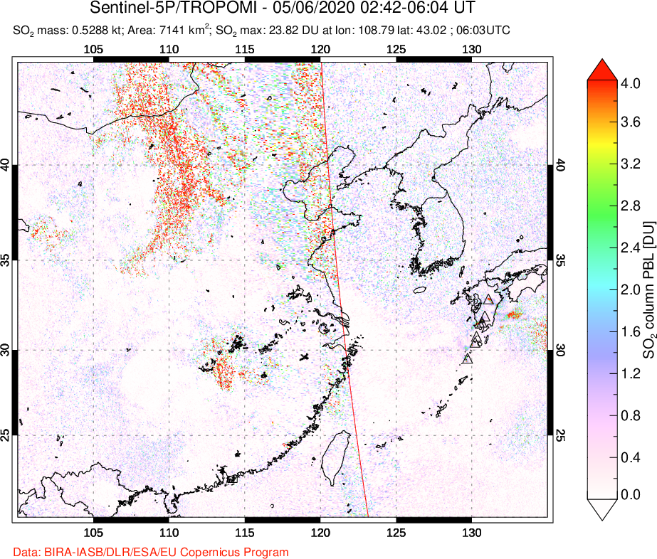 A sulfur dioxide image over Eastern China on May 06, 2020.