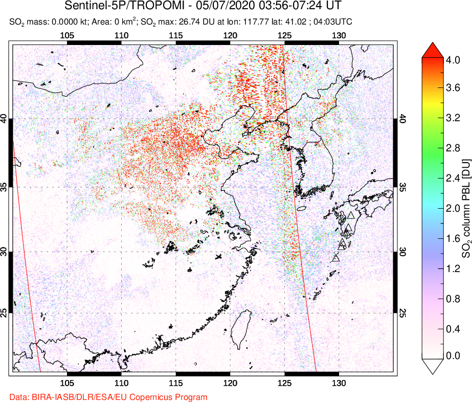 A sulfur dioxide image over Eastern China on May 07, 2020.