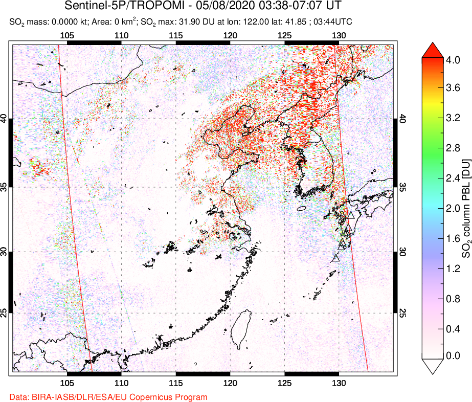 A sulfur dioxide image over Eastern China on May 08, 2020.