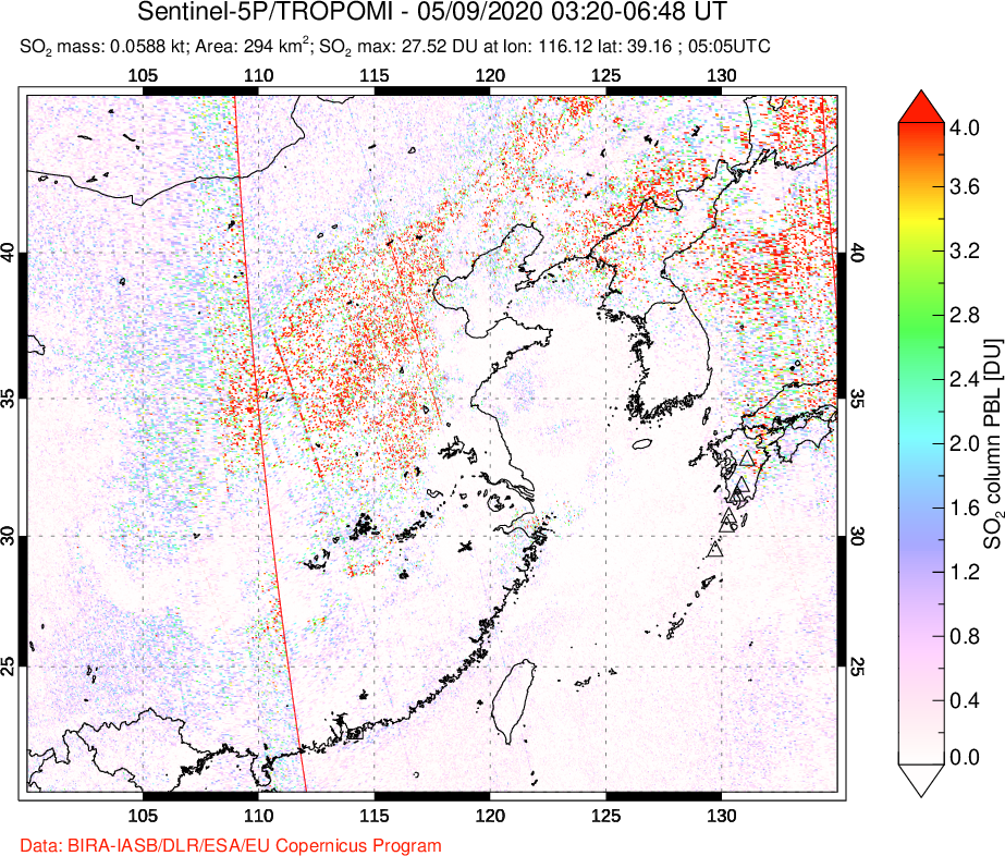 A sulfur dioxide image over Eastern China on May 09, 2020.