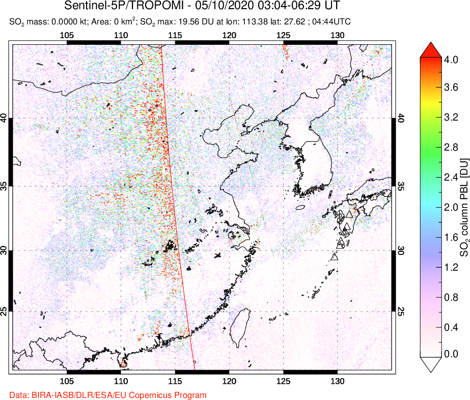A sulfur dioxide image over Eastern China on May 10, 2020.