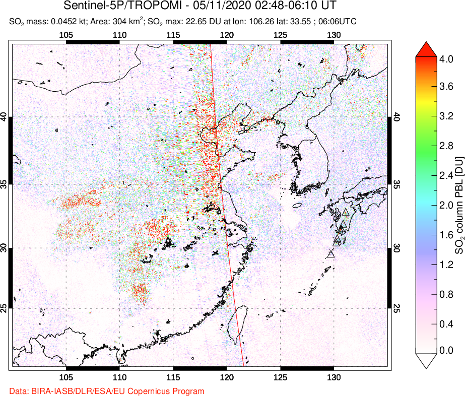 A sulfur dioxide image over Eastern China on May 11, 2020.