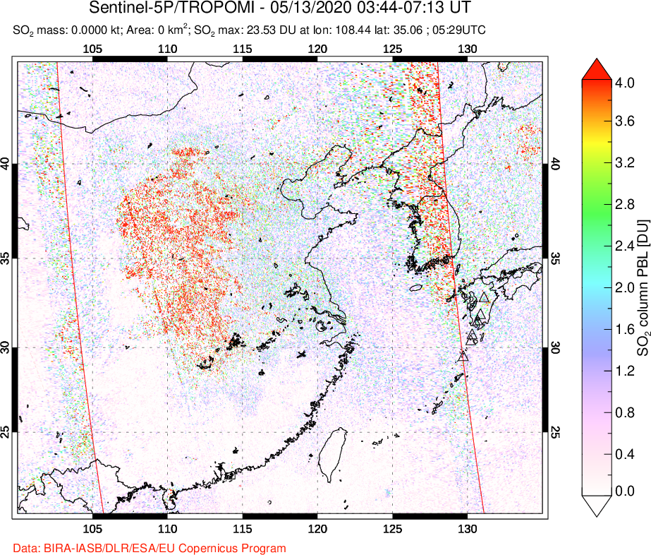 A sulfur dioxide image over Eastern China on May 13, 2020.