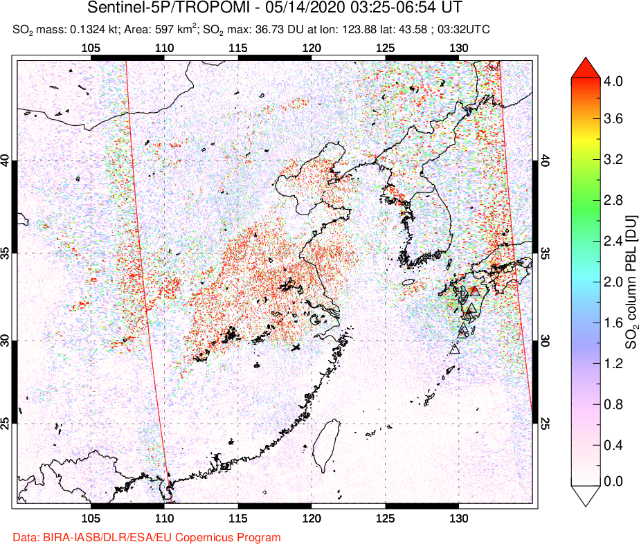 A sulfur dioxide image over Eastern China on May 14, 2020.