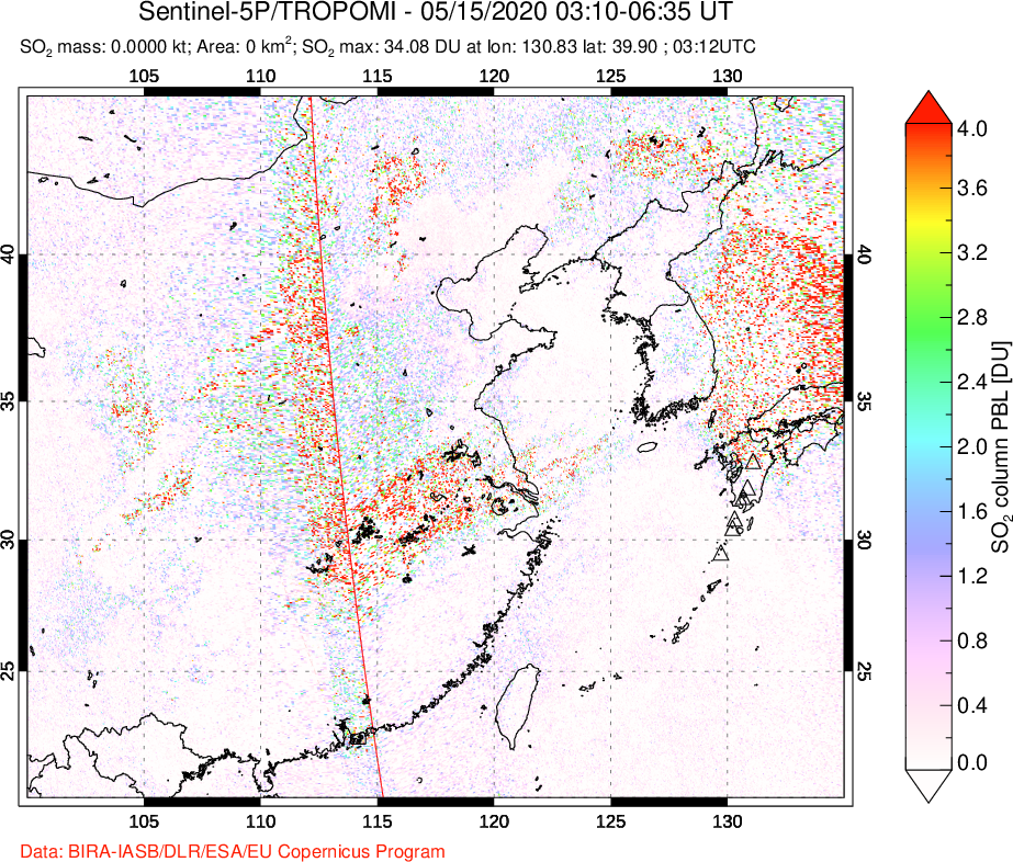A sulfur dioxide image over Eastern China on May 15, 2020.