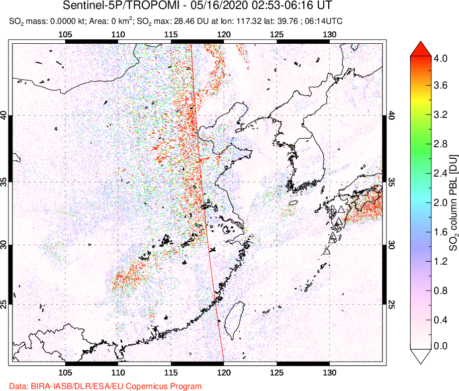 A sulfur dioxide image over Eastern China on May 16, 2020.