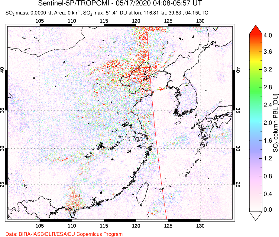 A sulfur dioxide image over Eastern China on May 17, 2020.