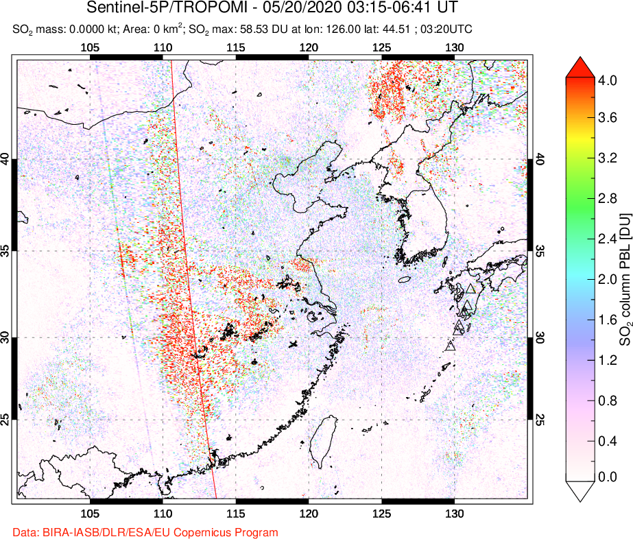 A sulfur dioxide image over Eastern China on May 20, 2020.