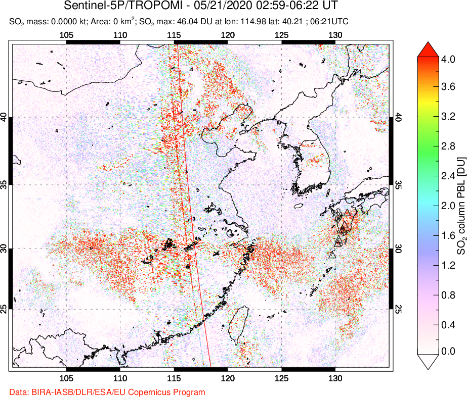 A sulfur dioxide image over Eastern China on May 21, 2020.