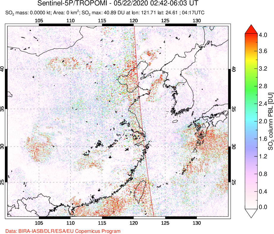 A sulfur dioxide image over Eastern China on May 22, 2020.