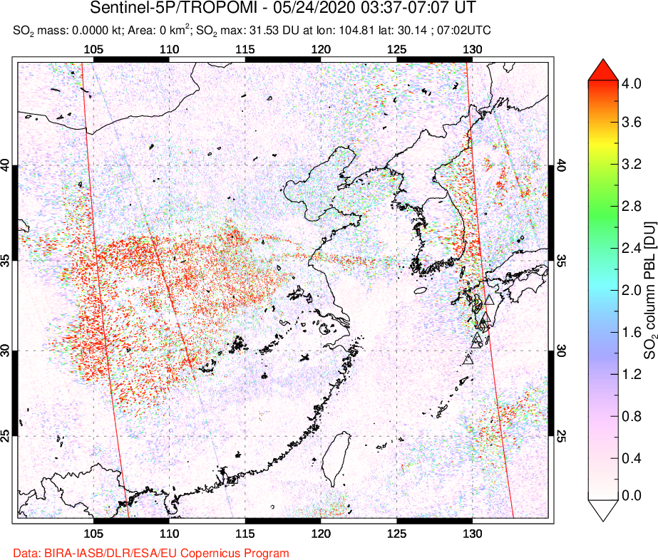 A sulfur dioxide image over Eastern China on May 24, 2020.