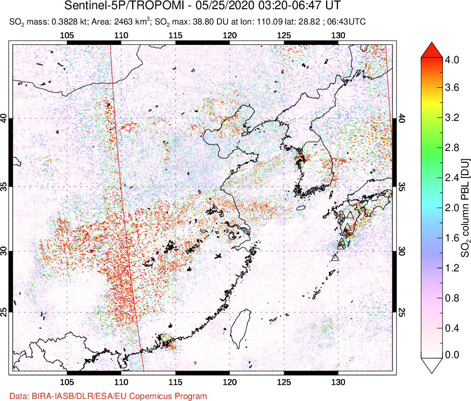 A sulfur dioxide image over Eastern China on May 25, 2020.