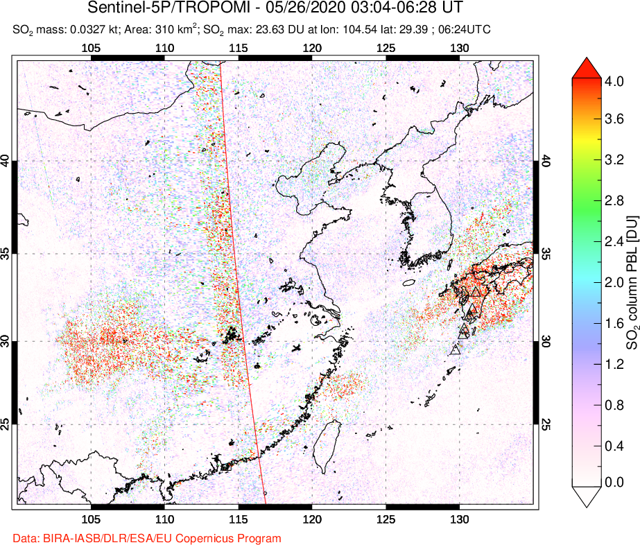 A sulfur dioxide image over Eastern China on May 26, 2020.